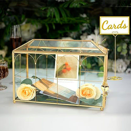 Glass Wedding Card Box with Lock, 12.6x5.9x9 inches Large Gold Card Boxes | Wedding Card Boxes for Reception, Glass Card Box for Wedding, Graduation, Keepsake Display, Party Centerpiece Decorative Box - size: 12.6 x 5.9 x 9 Inches with Arch