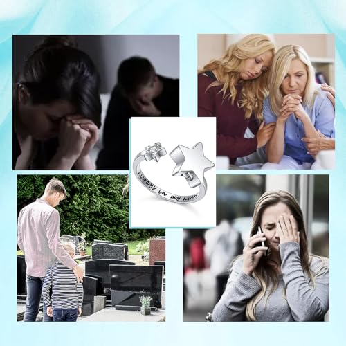 S925 Sterling Silver Star Cremation Urn Ring Always In My Heart Memorial Ashes Keepsakes Adjustable Open Thumb Finger Ring Memorial Day Jewelry for Women