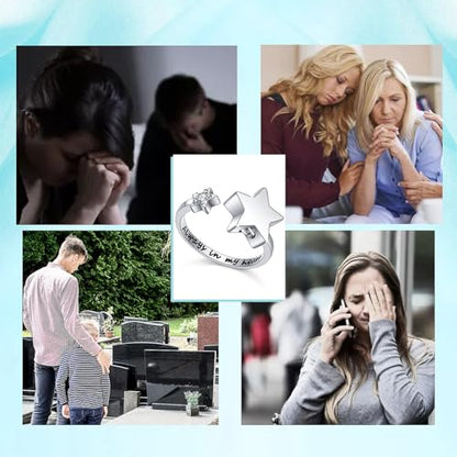 S925 Sterling Silver Star Cremation Urn Ring Always In My Heart Memorial Ashes Keepsakes Adjustable Open Thumb Finger Ring Memorial Day Jewelry for Women