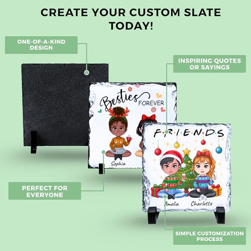Personalized Christmas Besties Rock Slate Frame - Square Shape | Custom Stone Plaque Picture Frame, Bestie Gifts, Best Friend Christmas for Women Soul Sister & Friendship Day - color: Christmas-Besties-Slate