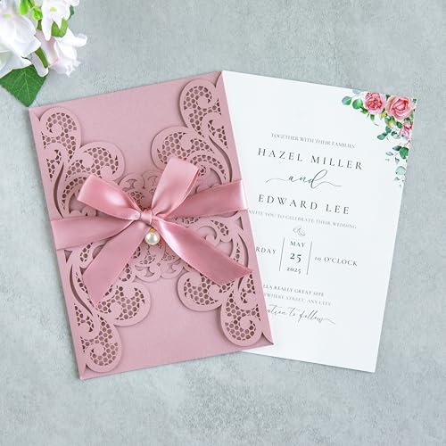 20Pcs Dusty Rose Laser Cut Wedding Invitation Cards With Envelopes - color: Dusty Rose