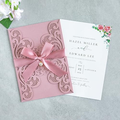 20Pcs Dusty Rose Laser Cut Wedding Invitation Cards With Envelopes - color: Dusty Rose