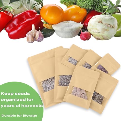 150 Seed Envelopes 2 Sizes, Resealable w/Window Self-sealing | 90S + 60L Kraft Envelopes. Clear window, Dustproof & Reusable, Tear-resistant, for Seeds, Jewelry, Herbs - size: Small + Medium (2.8 x 3.5" + 3.5 x 5.4")