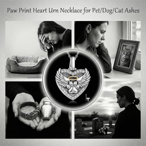 Family Members Urn Necklace for Ashes 925 Sterling Silver Angel Wings Heart Cremation Memorial Keepsake Pendant Jewelry for Loved One's Ashes, with 18" + 2" Stainless Steel Chain - style: Heart-Paw Print