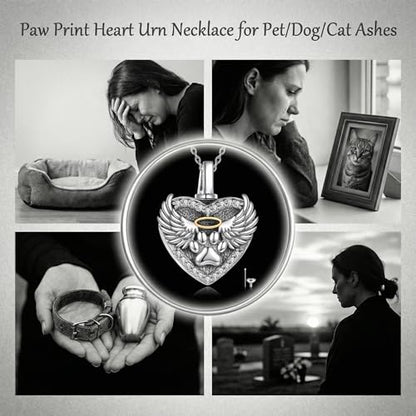 Family Members Urn Necklace for Ashes 925 Sterling Silver Angel Wings Heart Cremation Memorial Keepsake Pendant Jewelry for Loved One's Ashes, with 18" + 2" Stainless Steel Chain - style: Heart-Paw Print