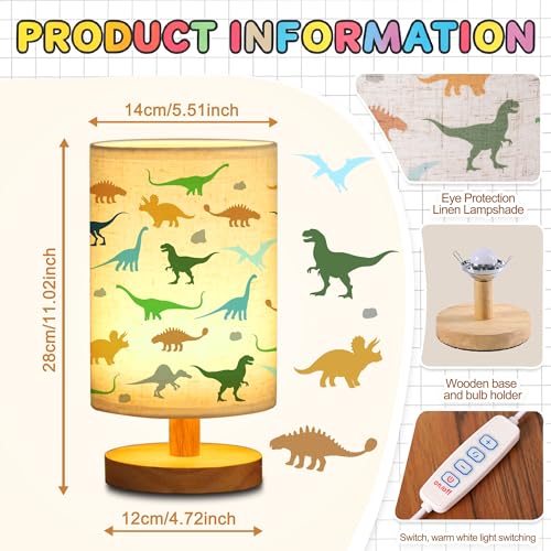 WSYEAR Dinosaur Kids Table Lamp for Bedroom Kids Bedside Lamp with Linen Wooden Nightstand Cartoon Nursery Lampshade for Girls Boys Living Room - color: Dinosaur