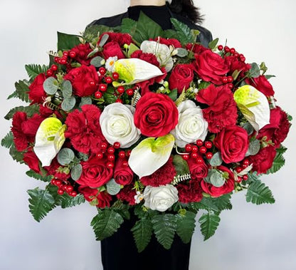 Artificial Cemetery Flower with Vases for Grave Decoration, 3PC,Red Rose Carnation，Headstone Flower Saddle (Vases Included)