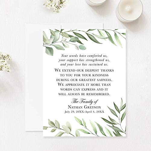 Greenery Funeral Thank You Cards, Sympathy Acknowledgement Cards | Bereavement Notes, With Envelopes, 4.25x5.5", Flat Notecards