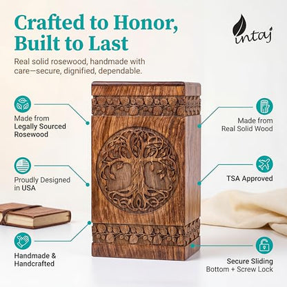 Wooden Cremation Urn for Human Ashes, 250 Cu in, X-Large, Rosewood | Hand-carved solid sheesham rosewood, screw-locked sliding base, engraving available, holds up to 250 lb - color: Rosewood, size: Large - 11.25Hx6.25W (250 Cu/In)