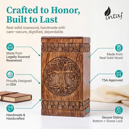 Wooden Cremation Urn for Human Ashes, 250 Cu in, X-Large, Rosewood | Hand-carved solid sheesham rosewood, screw-locked sliding base, engraving available, holds up to 250 lb - color: Rosewood, size: Large - 11.25Hx6.25W (250 Cu/In)