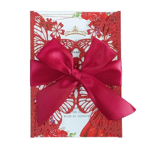 20 PCS Butterfly Quinceanera Invitation, Laser Cut Invitation Cards | 5.12x7.2" Red Glitter Butterfly Quinceanera Invitation with Envelopes for XV Anos Bridal Shower Baby Shower Invite - color: Red Glitter