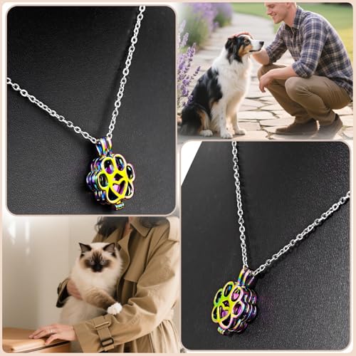 Paw Print Heart Pet Ashes Memorial Necklace with Mini Inner Box-Rainbow | Pet Cremation Jewelry for Ashes, Cremation Urn Jewelry to Hold Dog & Cat Ashes Pendant with Box Filling Tools - color: Rainbow