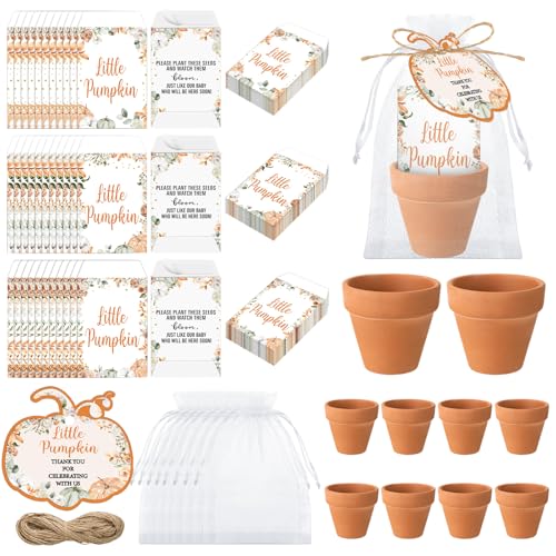 Reallnaive Little Pumpkin Baby Shower Party Decorations Set Include 24 Mini Terracotta Pots Seed Packets 24 Self Adhesive Envelopes Pumpkin Shape Tags Gifts for Fall Autumn Thanksgiving Baby Shower - style: Fall Little Pumpkin