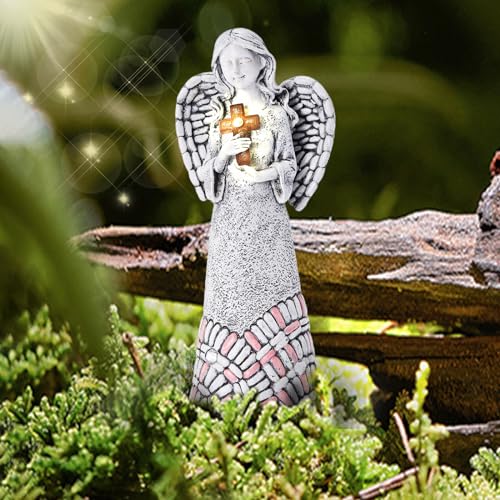 Angel Garden Statues Outdoor Solar Decor Gifts for Women Cross Praying for Cemetery Backyard Lawn Yard Decoration（10.24inch） - style: Cross Praying Angel