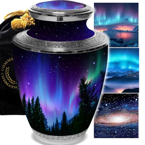 Northern Lights Cremation Urns for Human Ashes Adult Female Urns for Ashes | Large Aurora Borealis Cremation Urn for Ashes Adult Female & Male, Metal, Threaded Lid, Felt Bottom - color: Northern Lights, size: Large