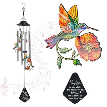 YU FENG Hummingbird Memorial Wind Chime, Yellow Flower Suncatcher Decor | 34 Inch Metal Wind Chime, Crystal Prism Accent, Sympathy Gift For Mom Grandma, Outdoor Garden Patio Decor - style: Memorial Series – Hummingbird – 34 Inch