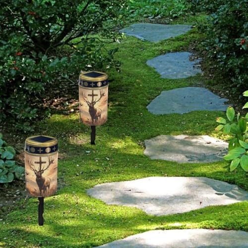 Poceacles Solar Lights Cemetery Solar Lights for Grave Solar Candle Solar Lantern Light Walkway Lights Waterproof Landscape Lighting for Loss of Loved One, Deer Cross Dove of Peace Brown - color: Deer Cross Dove of Peace Brown
