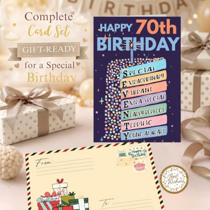 70th Birthday Card, Happy 70th Birthday CardS for Women Men with Seal and Envelope, 70 Year Old Birthdayy Cards for Mom Dad Grandma Grandpa Wife Husband Friend - color: 70th