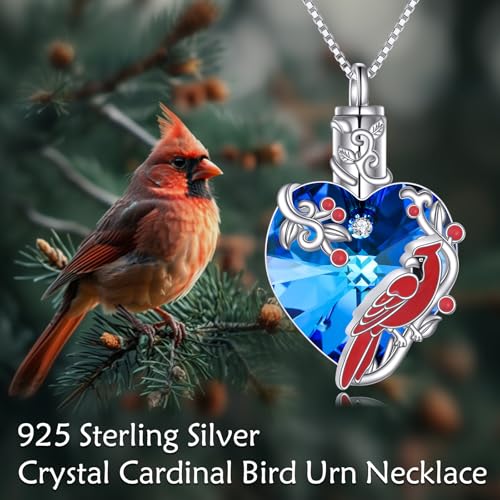 TOUPOP Sterling Silver Urn Necklace for Ashes with Crystal Memorial Keepsake Dragonfly/Butterfly/Cardinal/Cat/Dolphin Cremeation Jewelry Birthday Mothers Day Christmas Gifts for Her Women - style: Cardinal