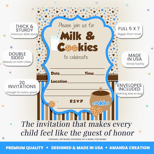 Milk and Cookies Birthday Party 20 Invitations 5"x7" Double-Sided Fill-In Cards with Envelopes, Kids Party Stationery Set, Cute Milk & Cookie Jar Theme for Boys, Made in USA by Amanda Creation - color: Milk and Cookies