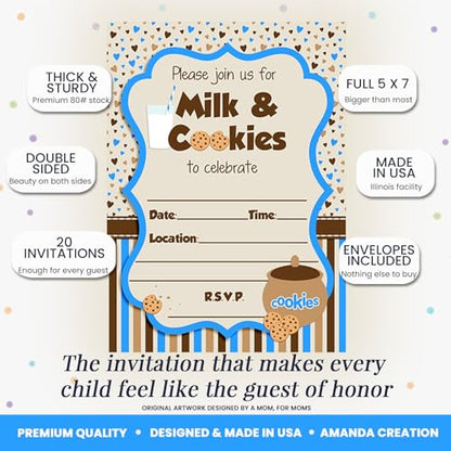 Milk and Cookies Birthday Party 20 Invitations 5"x7" Double-Sided Fill-In Cards with Envelopes, Kids Party Stationery Set, Cute Milk & Cookie Jar Theme for Boys, Made in USA by Amanda Creation - color: Milk and Cookies