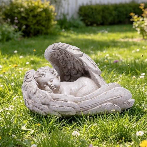 basen Sleeping Angel Baby Memorial Statue, Resin Cherub Figurine Cradled in Feather Wings, Outdoor Grave Decor and Indoor Remembrance Accent for Cemetery Garden Shelf Mantel Sympathy Gift - color: Baby Angel-beige