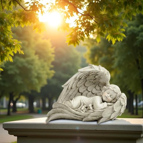 Sleeping Angel Figurine in Wings, Resin Guardian Angel Decor, 7.87 Inch | Hand-painted resin guardian angel with sculpted wings for shelves, bedside tables and comforting gifts for women