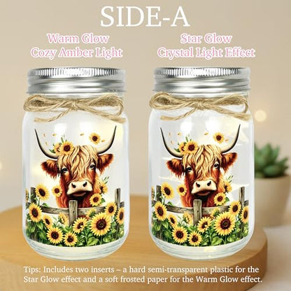 Highland Cow Inspirational Gifts for Women - Double-Sided Decorative Mason Jar Light, New Beginning Self Care Motivational Sunflower Decor Gift for Friends Daughter Sister Coworker - style: Highland Cow Gifts