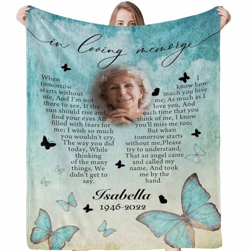 LOSARON Custom Memorial Blanket with Pictures & Name for Loss of Grandma Grandpa Mother Father Husband Wife Dog Custom Sympathy Gift - color: 1 Photo-2