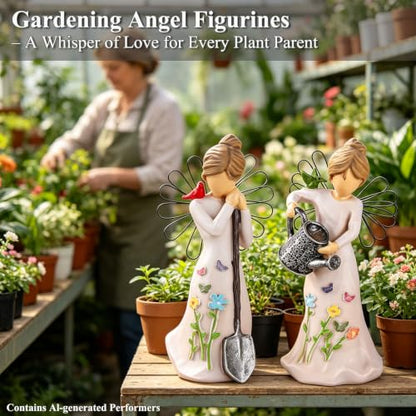 Gardening Gifts for Women - 2 Piece Unique Garden Angel Figurine | 5.9"with Watering & Shovel, Housewarming Gift for Mom Grandma Friend, Sculpted Resin Angel Statues & Friendship - style: Gardening