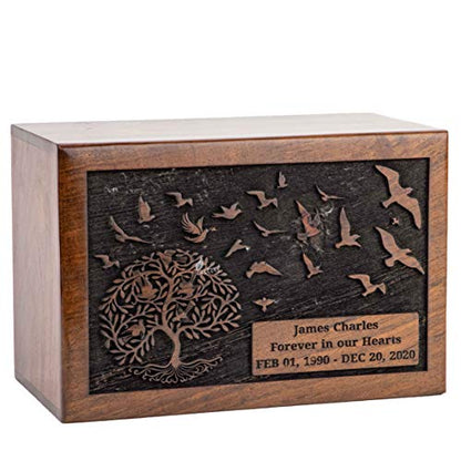 Personalized Urn for Human Ashes, Engraved Tree and Birds, Large | Hand-carved solid sheesham rosewood, screw-locked sliding base, engraving available, holds up to 180 lb - color: Engraved Tree With Birds, size: Large (180 lb)