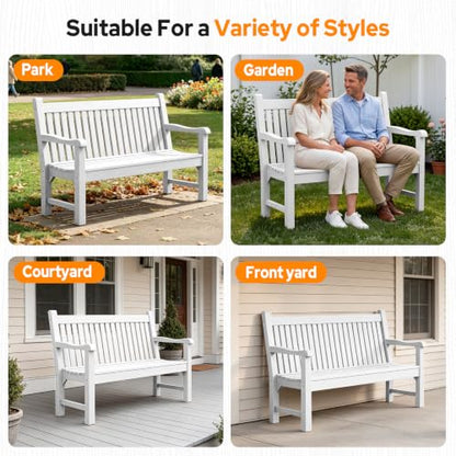 2-Person Outdoor Bench with 700 Lbs Weight Capacity, White | Poly Lumber Weatherproof Garden Bench Seating for Porch, Balcony and Park, All-Weather Patio Bench Furniture - color: White