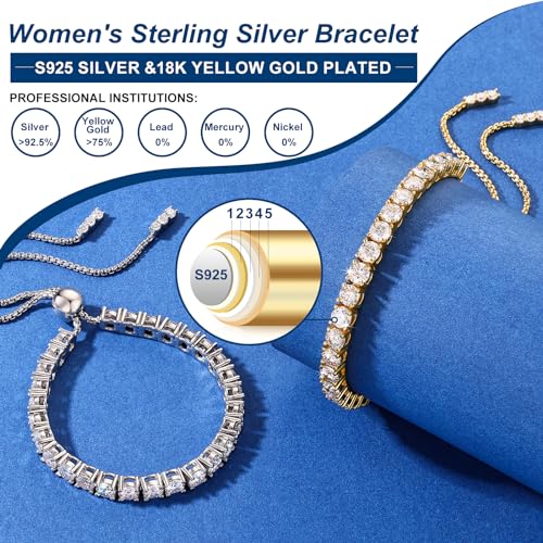 Moissanite Tennis Bracelet 1.79ct-8.69ct Adjustable Bracelet for Women 18K White Gold Plated S925 Sterling Silver Tennis Bracelet D Color VVS1 Round Cut 2/3/4mm Moissanite Bracelet Gifts for Wife/Mom - color: Gold-4MM-8.69Carats