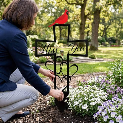 Miss You Cross with Cardinal, Metal Cemetery Memorial Plaque for Remembrance, Decorative Cemetery Stake with Heart and Cross Design, 6x12 Inch Outdoor Memorial Plaque for Graves and Gardens