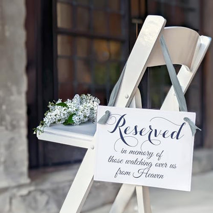 Reserved For Those Watching Over Us From Heaven Memorial Wedding Chair Sign (Navy Ink, Dusty Blue Ribbon) - color: Blue