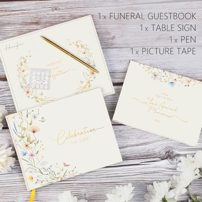 Funeral Guest Book for Memorial Service, Celebration of Life Guest Book | Book for Funeral with Pen Sign Table Card, Wild Floral Funeral Sign in Book for Guests, Memory Book for Funeral, 7 x 9 in - style: celebration of life