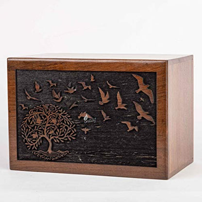 Rosewood Urn for Human Ashes, Tree of Life with Birds, Large 180 lb | Hand-carved solid sheesham rosewood, screw-locked sliding base, engraving available, holds up to 180 lb - color: Tree of Life With Birds, size: Large (180 lb)