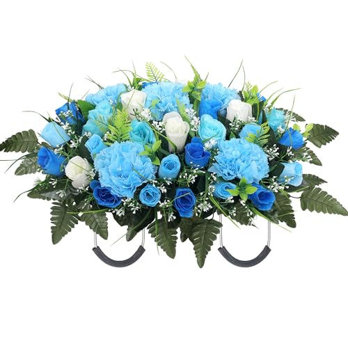 Artificial Cemetery Flower Saddle for Headstones,Grave Saddle Headstone Decorations,Rose and Carnation Memorial Day Grave Decor, Fade-Resistant (Blue) - color: Blue