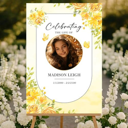 Personalized Celebration of Life Welcome Sign with Photo, Obituary Welcome Sign with Name and Date, Celebrating a Beautiful Life Butterfly Flower Tribute, Butterfly Flower Remembrance Decor, Custom Funeral Welcome Sign (Edition 9) - color: Edition 9