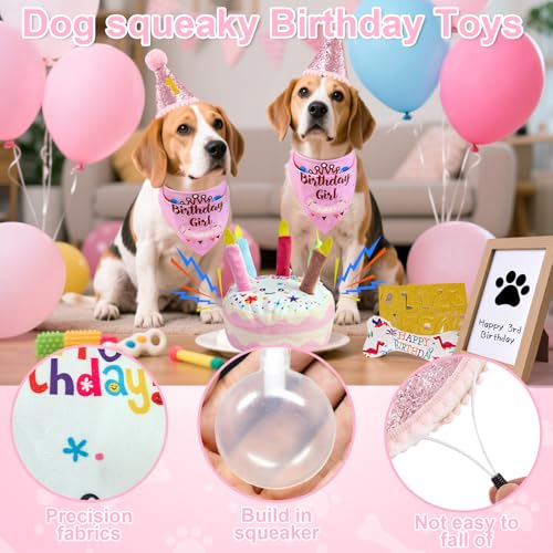 Dog Birthday Toy Set, Dog Squeaky Toys, Includes Squeaky Cake Toy, Plush Bones, Birthday Hats, Bandana, Paw Print Kit & Photo Frame. Pet Gift Supplies, Pink - color: Pink