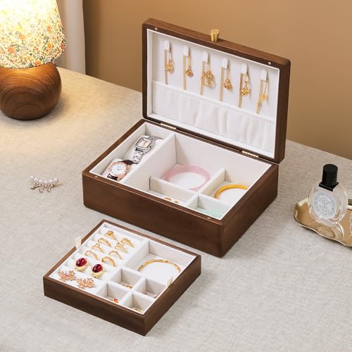 Black Walnut Wooden Jewelry Box, 2 Layer Necklace Organizer Case for Women - color: 2 Layer
