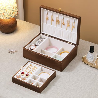 Black Walnut Wooden Jewelry Box, 2 Layer Necklace Organizer Case for Women - color: 2 Layer