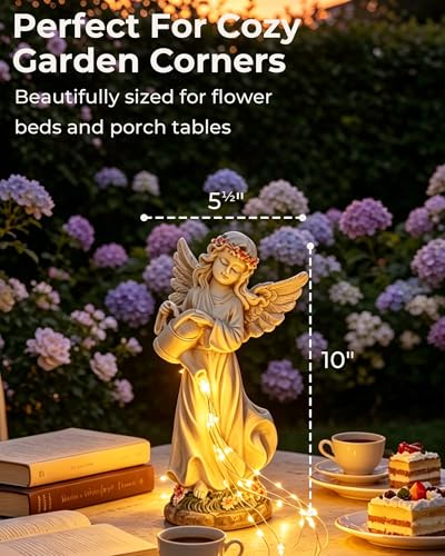 Solar Angel Statue, Warm Light Resin Garden Decor, 10 Inch | Hand-Painted, Weatherproof, Soft Warm Flowing Light, Gift for Women, Peaceful Accent