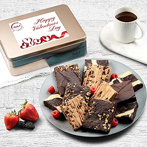 Dulcet Gift Baskets Happy Valentines Chocolate Fudge Brownie Assortment Gift Tin, Fresh Baked Snacks Yummy Flavors including Chocolate Cheese -Walnut -Fudge-Chip Blondie Great for Women, Men, Friends and Family. - color: Valentine's Day