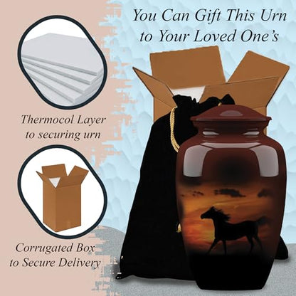 Forever URNS Adult Cremation Funeral Urn with Printed Black Horse in Evening Sunlight Theme for Human Ashes of Female & Male | 200 cu in | Large | Completely Handcrafted with Velvet Protection Bag