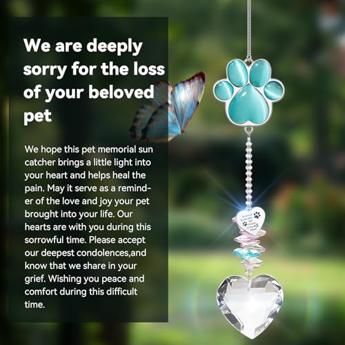 Dog Memorial Gifts for Loss of Dog, Pet Sympathy, Dog Memorial Suncatcher | Thoughtful Dogs and Cats Bereavement Remembrance Gifts, Natural Cat's Eye Paw Crystal Suncatcher - color: Peacock Blue