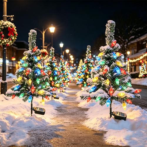 Windpnn 2Pack Solar Christmas Tree Lights Outdoor Decorations, with 40 Strawberry Lights Waterproof Pathway Lights for Garden Patio Yard Cemetery Decor
