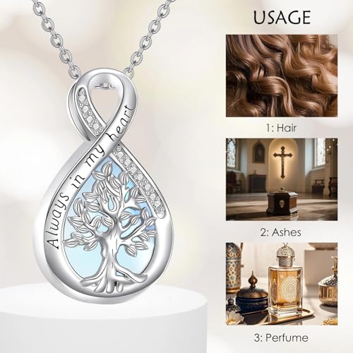 Diamond Tree of Life Urn Necklace for Ashes 925 Sterling Silver Family Tree of Life Cremation with Funnel Filler Ash Holder Keepsake Memorial Jewelry Gifts for Women,18+2 inch - style: Style 2-Moonstone