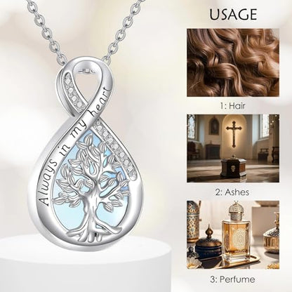 Diamond Tree of Life Urn Necklace for Ashes 925 Sterling Silver Family Tree of Life Cremation with Funnel Filler Ash Holder Keepsake Memorial Jewelry Gifts for Women,18+2 inch - style: Style 2-Moonstone