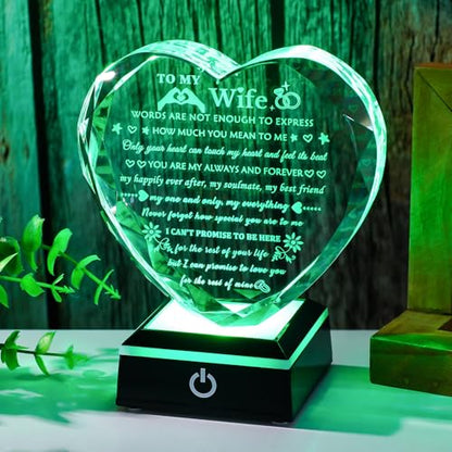 Arikyrist Romantic Wife Gifts from Husband with Colorful LED Base Anniversary Birthday Gift for Wife Crystal Keepsake I Love You Gifts for Her on Mothers Day Valentine Christmas - style: Wife Gifts + Light Base